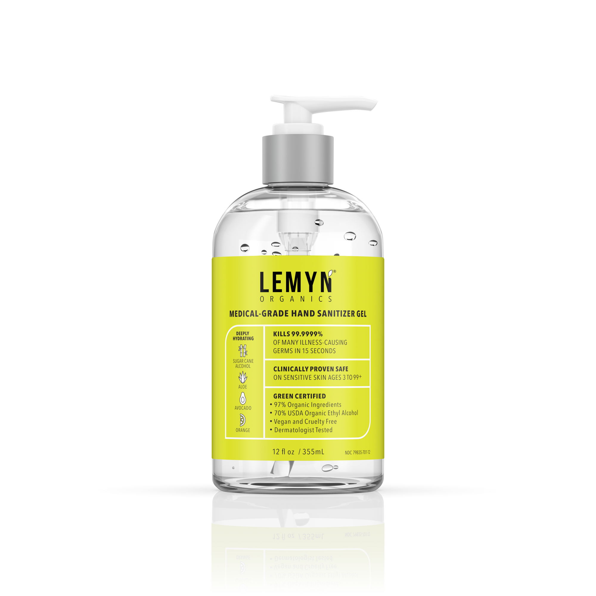 Lemyn Organics Hand Sanitizer | Green Certified & Medical Grade | 355ml - 12 Fl Oz with Pump