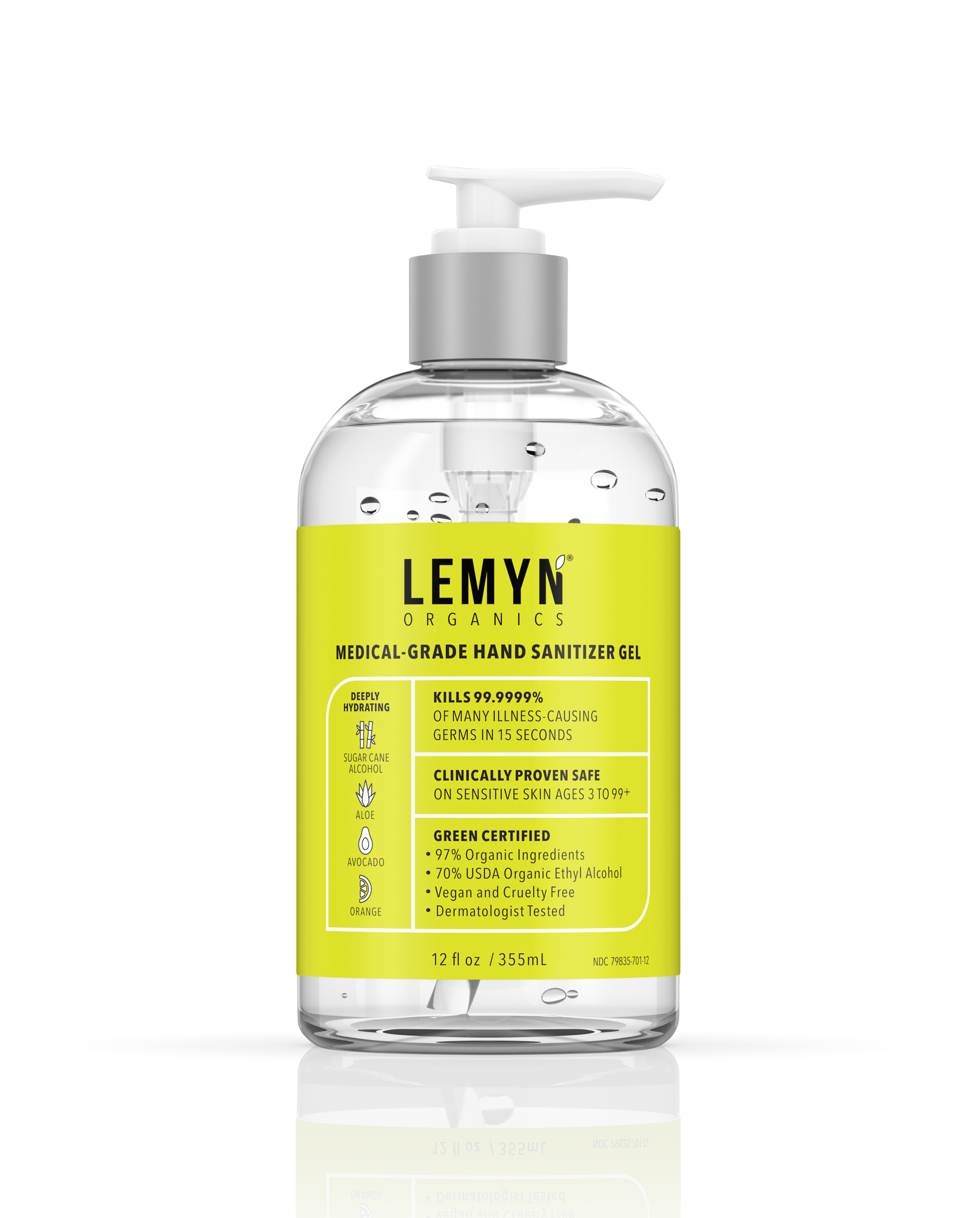 Lemyn Organics Hand Sanitizer | Green Certified & Medical Grade | 355ml - 12 Fl Oz with Pump