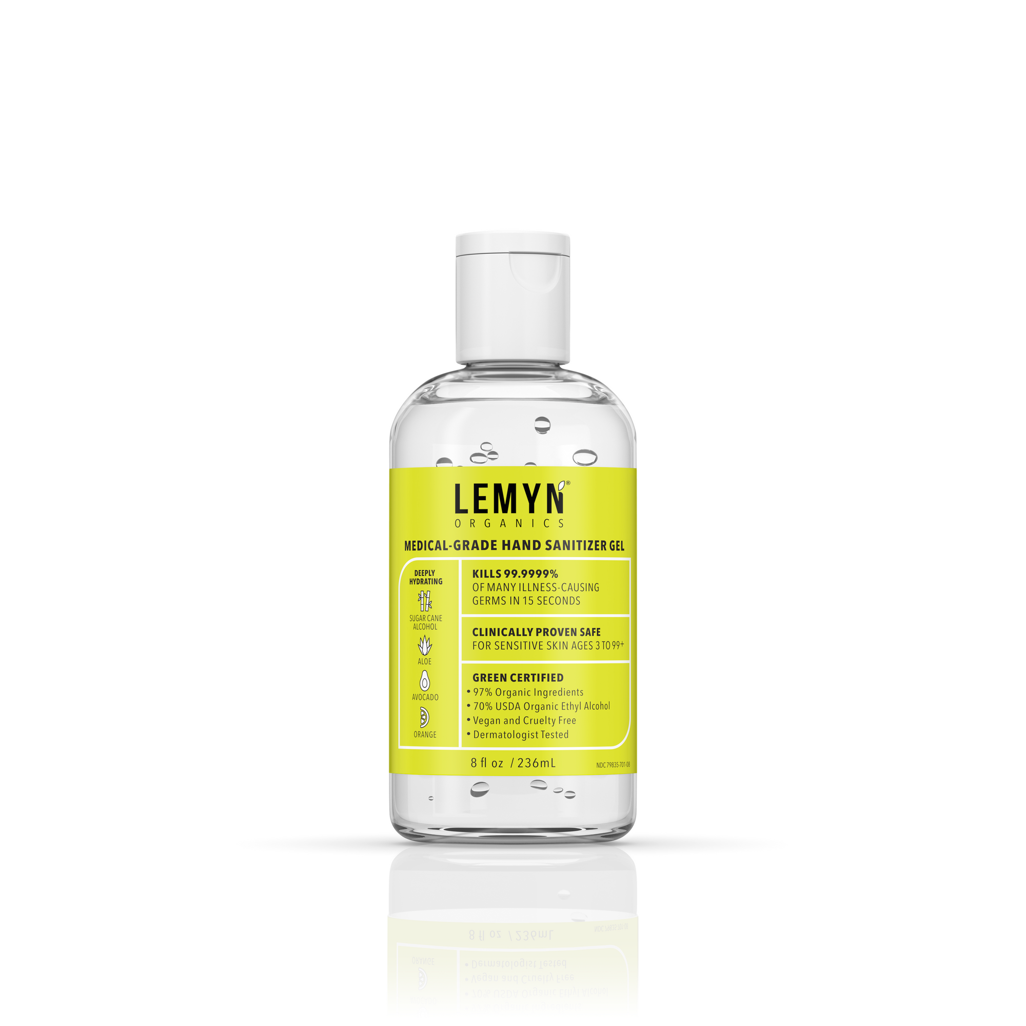 Lemyn Organics Hand Sanitizer | Green Certified & Medical Grade | 236ml - 8 Fl Oz with  Flip-Cap
