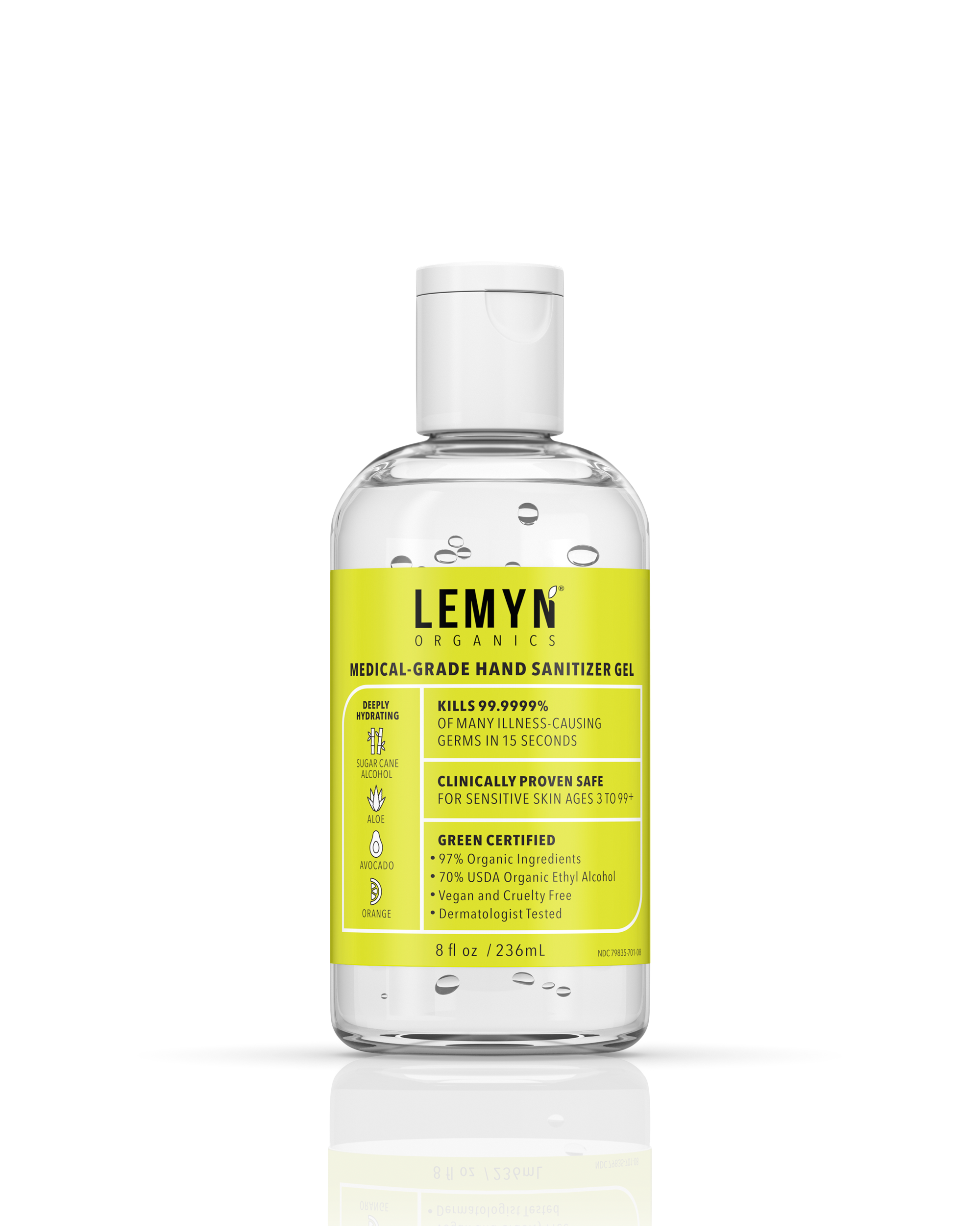 Lemyn Organics Hand Sanitizer | Green Certified & Medical Grade | 236ml - 8 Fl Oz with  Flip-Cap