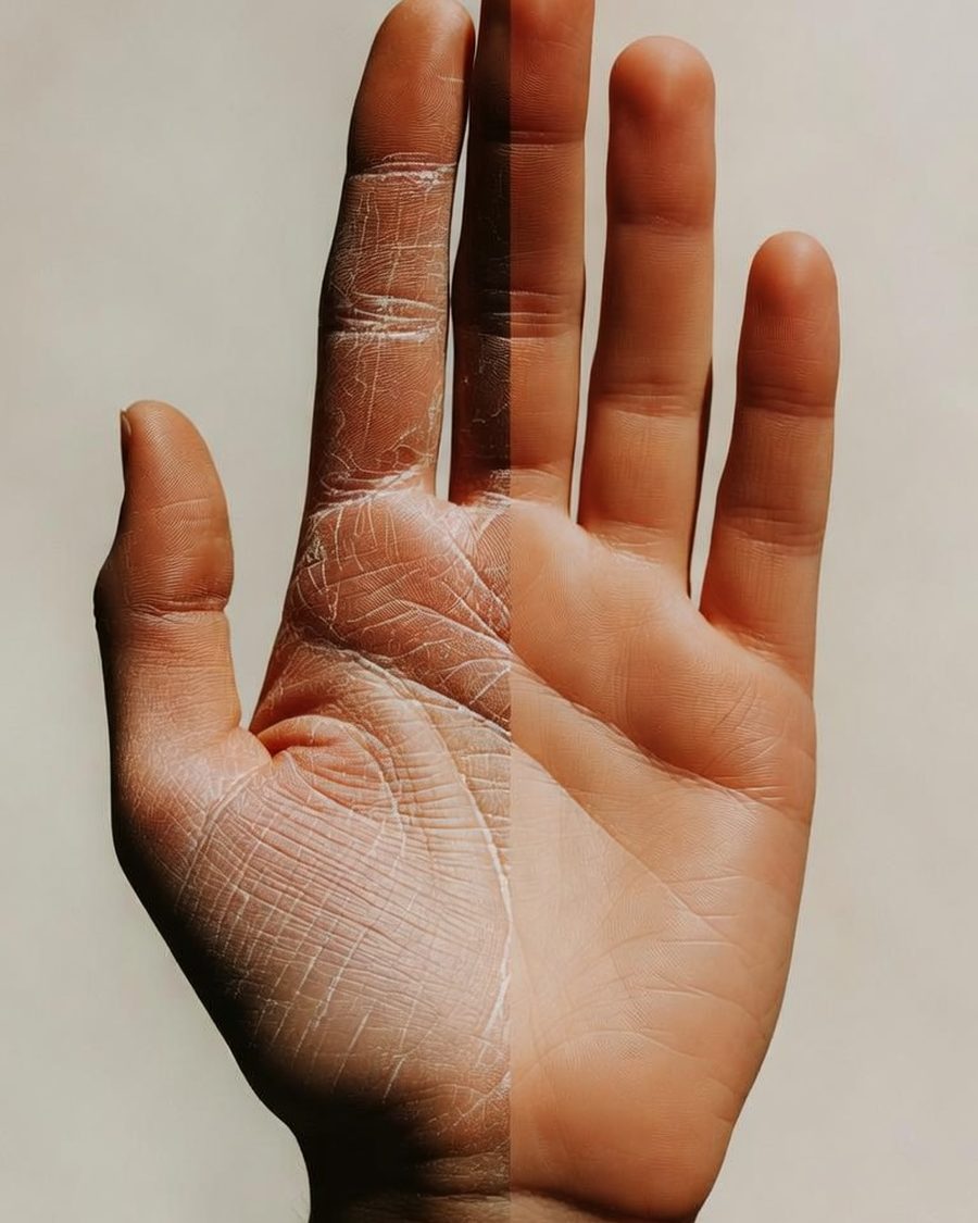 One open palm: dry and cracked on the left half, smooth and healthy on the right