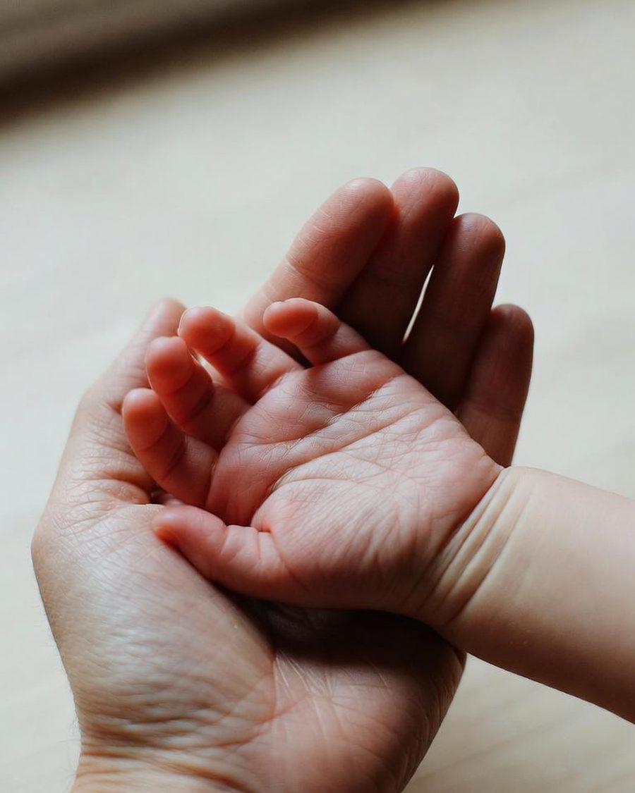 An adult hand cradling a small child's hand